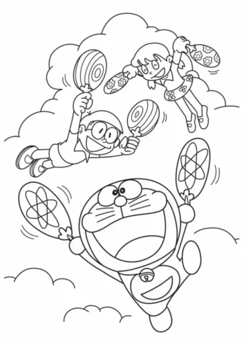 Hình tô màu doraemon và các bạn bắt bướm giữa mây