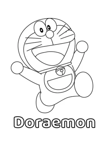 Mẫu tô màu doraemon nhảy dưới chữ Doraemon