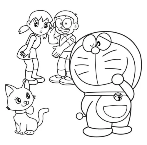 Mẫu tô màu doraemon, Nobita, Shizuka và mèo con