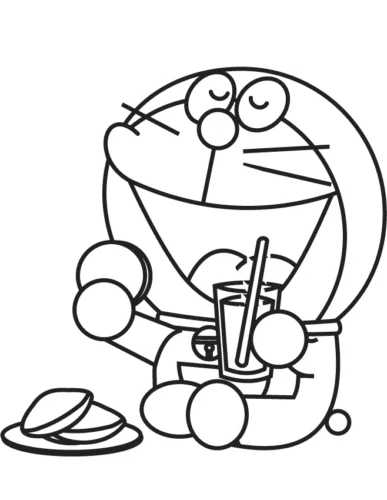 Tranh tô màu doraemon uống nước bên đĩa bánh rán