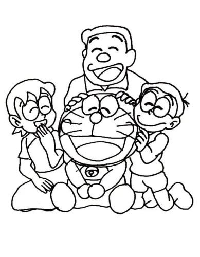 Tranh tô màu doraemon và nhóm bạn quây quần