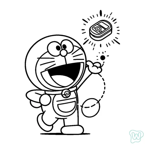 Mẫu tô màu doraemon vừa chạy vừa đội đồng hồ