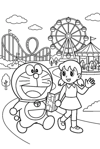 Tranh tô màu doraemon và Shizuka ở công viên giải trí