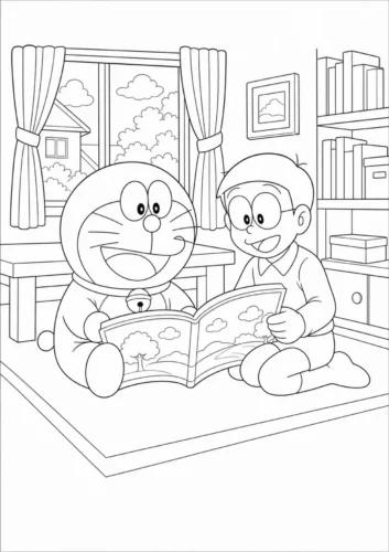 Hình tô màu doraemon và Nobita đọc truyện trong phòng
