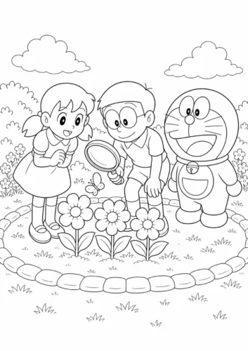 Mẫu tô màu doraemon và các bạn giữa vườn hoa