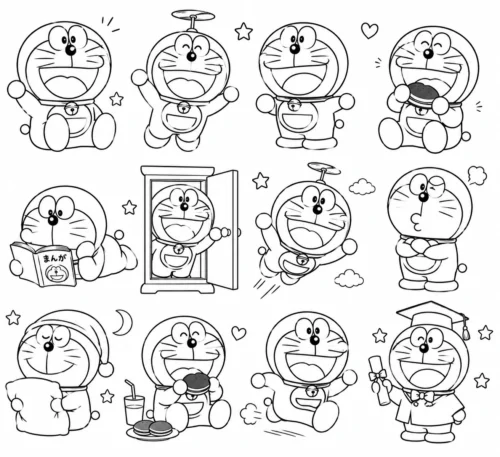 Mẫu tô màu trang nhiều Doraemon nhỏ nhiều tư thế