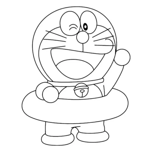 Mẫu tô màu doraemon đeo phao bơi nháy mắt