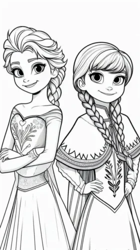 Mẫu tô màu elsa và Anna đứng cạnh nhau