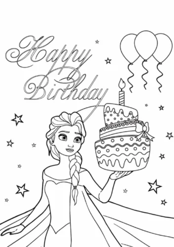 Elsa bên bánh sinh nhật dưới chữ Happy Birthday