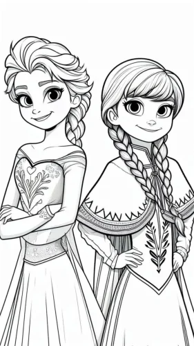 Mẫu tô màu elsa và Anna đứng cạnh nhau