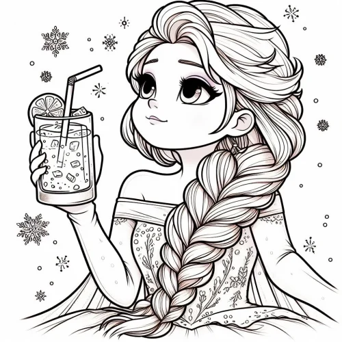 Elsa cầm ly nước giữa bông tuyết