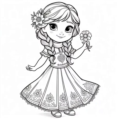 Mẫu tô màu elsa nhí cầm hoa xoay váy