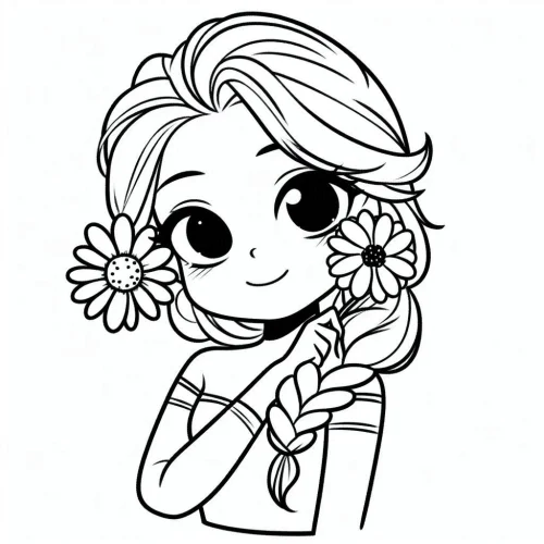 Hình tô màu elsa nhí cầm hoa trên tóc