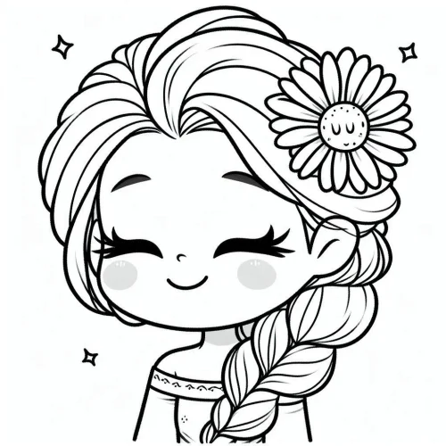 Hình tô màu elsa nhắm mắt, hoa to trên tóc