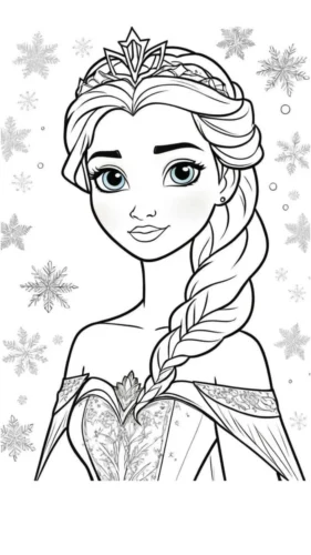 Hình tô màu elsa đội vương miện giữa sao tuyết