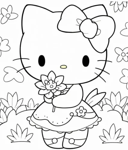 Hello Kitty cầm hoa trong vườn