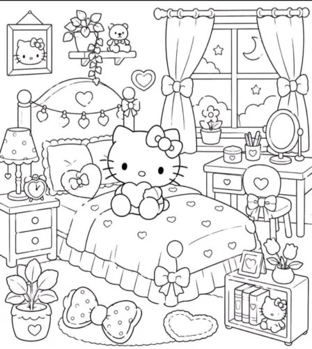 Hello Kitty trong phòng ngủ đầy đồ chơi
