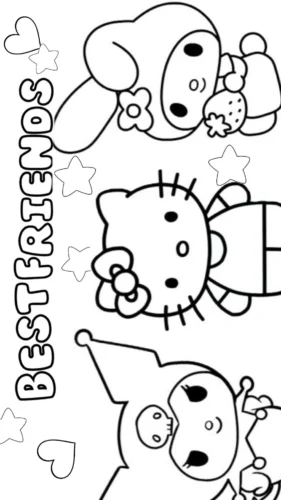 Hello Kitty, My Melody và Kuromi dưới chữ Best Friends