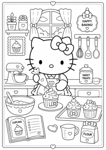 Hello Kitty làm bánh trong bếp
