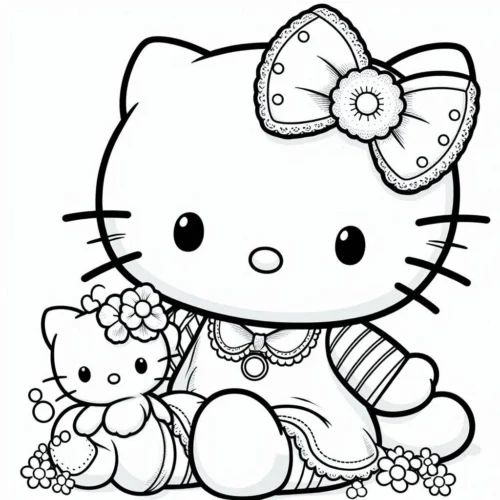 Hello Kitty thắt nơ to ngồi bên thú bông
