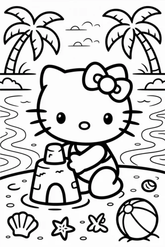 Hello Kitty xây lâu đài cát dưới cây dừa