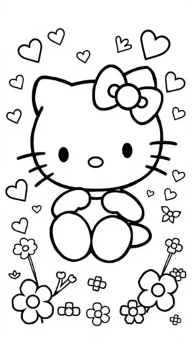 Hello Kitty ngồi giữa hoa và trái tim