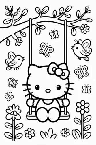 Hello Kitty ngồi xích đu dưới cây