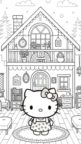 Hello Kitty trước ngôi nhà gỗ