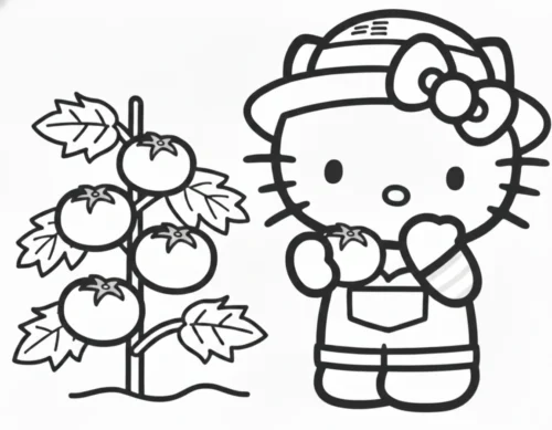 Hello Kitty đội mũ bên cây cà chua
