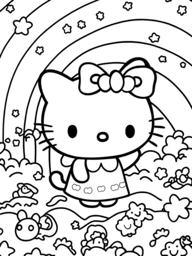 Hello Kitty dưới cầu vồng giữa hoa