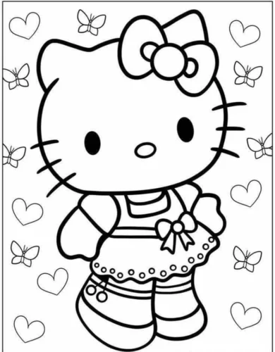 Hello Kitty mặc váy giữa trái tim và bướm