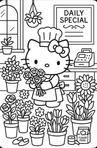 Hello Kitty bán hoa trong tiệm