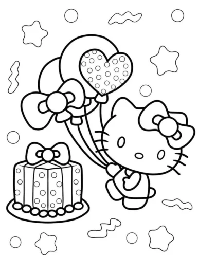 Hello Kitty cầm bóng bay bên bánh