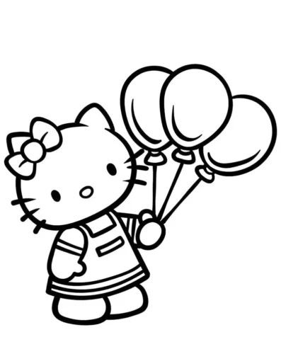 Mẫu tô màu hello Kitty cầm chùm bóng bay