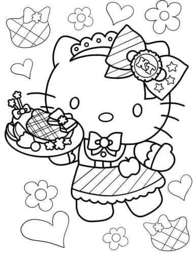 Mẫu tô màu hello Kitty bưng khay bánh