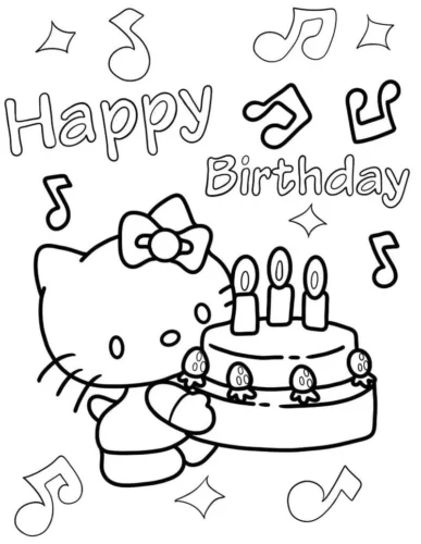 Tranh tô màu hello Kitty bên bánh sinh nhật dưới chữ