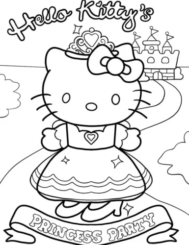 Hình tô màu hello Kitty công chúa dưới chữ Princess Party