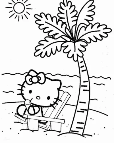Hình tô màu hello Kitty dưới cây dừa