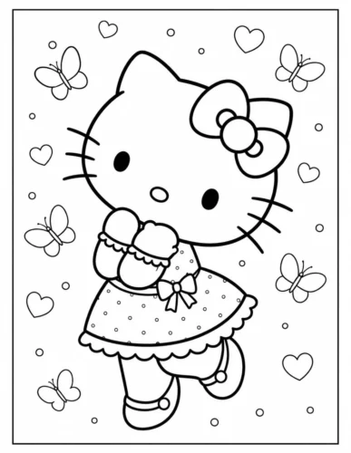 Mẫu tô màu hello Kitty mặc váy giữa trái tim và bướm