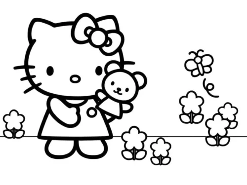 Tranh tô màu hello Kitty ôm gấu bông giữa hoa