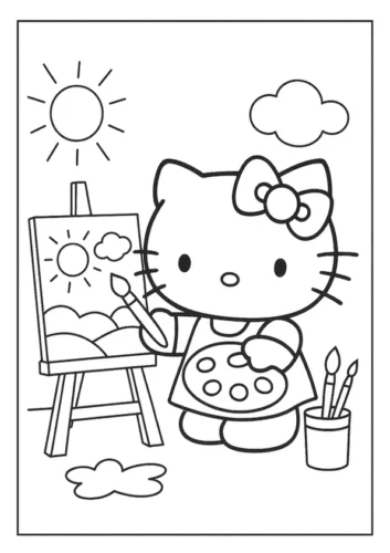 Tranh tô màu hello Kitty vẽ tranh bên giá vẽ