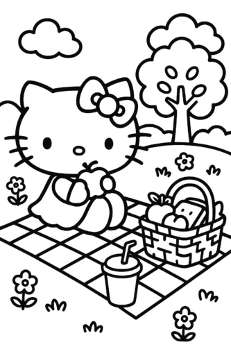 Hình tô màu hello Kitty picnic bên giỏ dưới gốc cây
