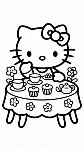 Tranh tô màu hello Kitty uống trà bên bàn bánh