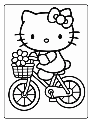 Hình tô màu hello Kitty đạp xe chở giỏ hoa