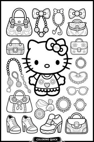 Mẫu tô màu hello Kitty giữa túi xách, giày và trang sức