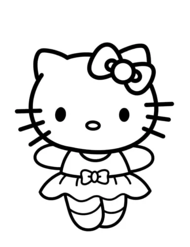 Tranh tô màu hello Kitty mặc váy thắt nơ