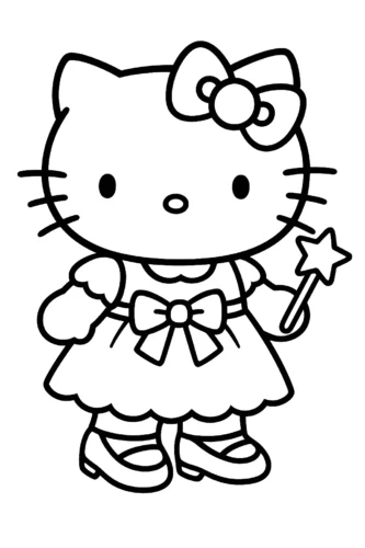 Hình tô màu hello Kitty cầm đũa phép mặc váy