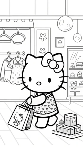 Mẫu tô màu hello Kitty xách túi đi mua sắm
