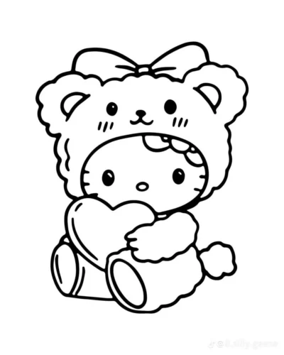 Tranh tô màu hello Kitty mặc đồ gấu ôm trái tim