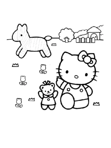 Hình tô màu hello Kitty và các bạn thú ngoài đồng